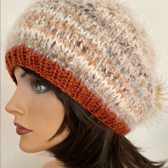 Hand Knits 2 Love Slouch Hat Beanie Cap Faux Fur Pom Pom Designer Mohair Look - Picture 9 of 12